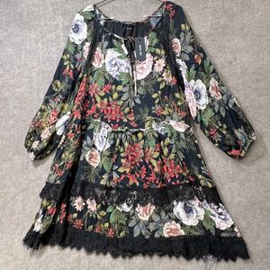 MISS ME Floral Print Lace Trim Tiered Black Long Sleeve Dress Size L